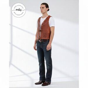 Western Cowboy American Jacket Leather Fringes Vest Brown Men M*